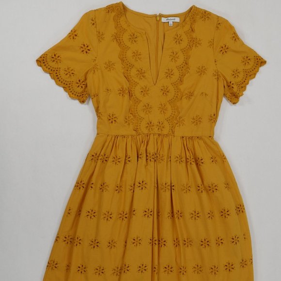Madewell Dresses & Skirts - Madewell Mustard Yellow Scalloped Floral Eyelet Midi Dress Womens Size 0 ***